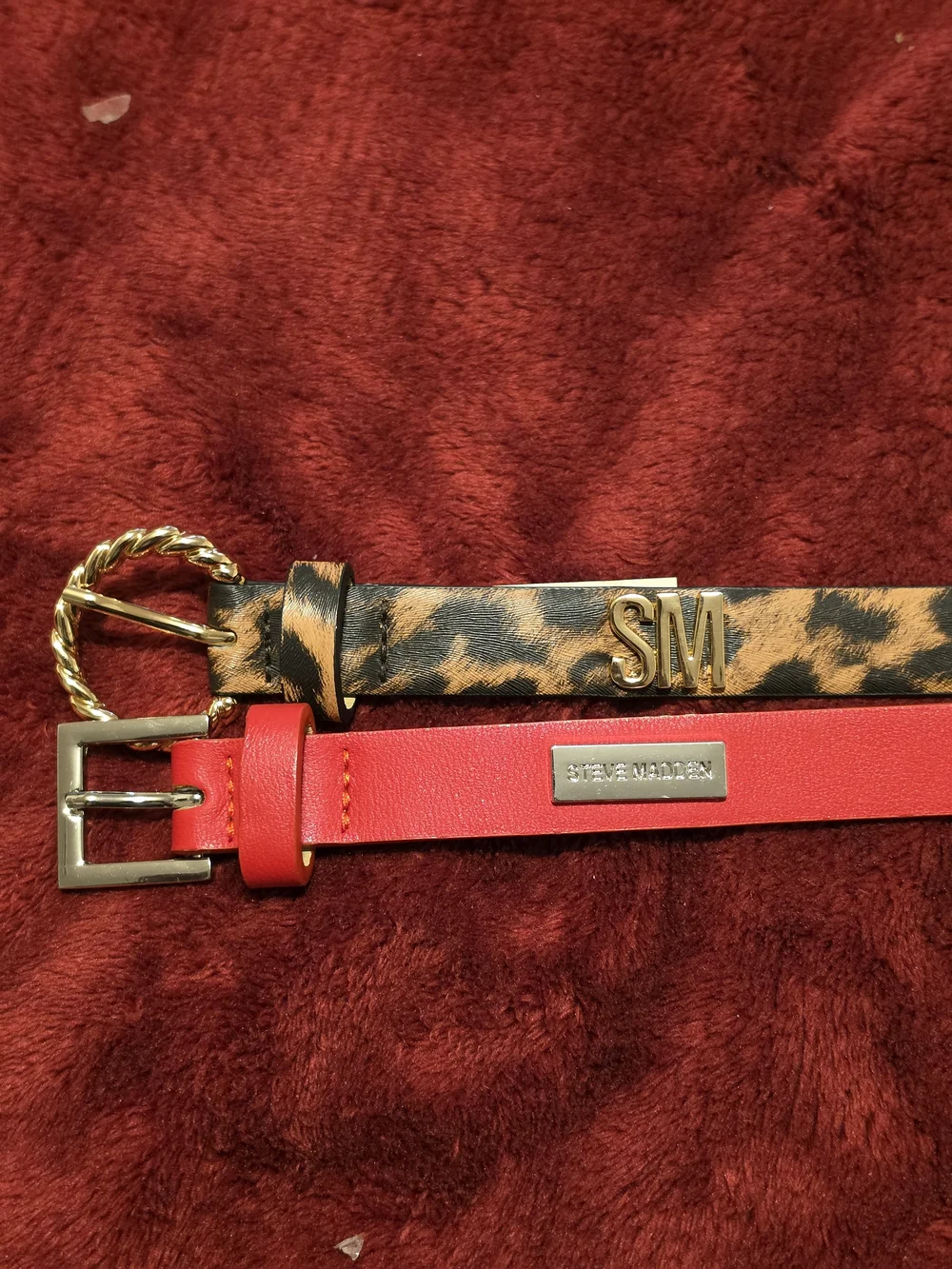 Steve Madden Red Leather Belt & Leopard Print Belt Set with Gold Accents